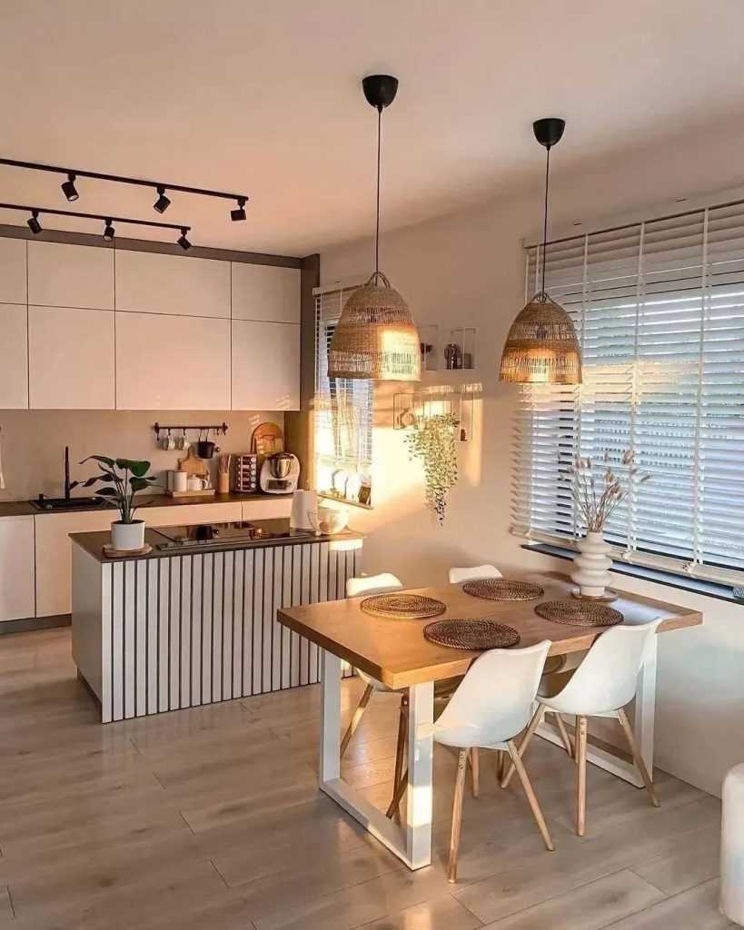 Minimalist cozy kitchen idea with white cabinets, wooden dining set, and soft lighting.
