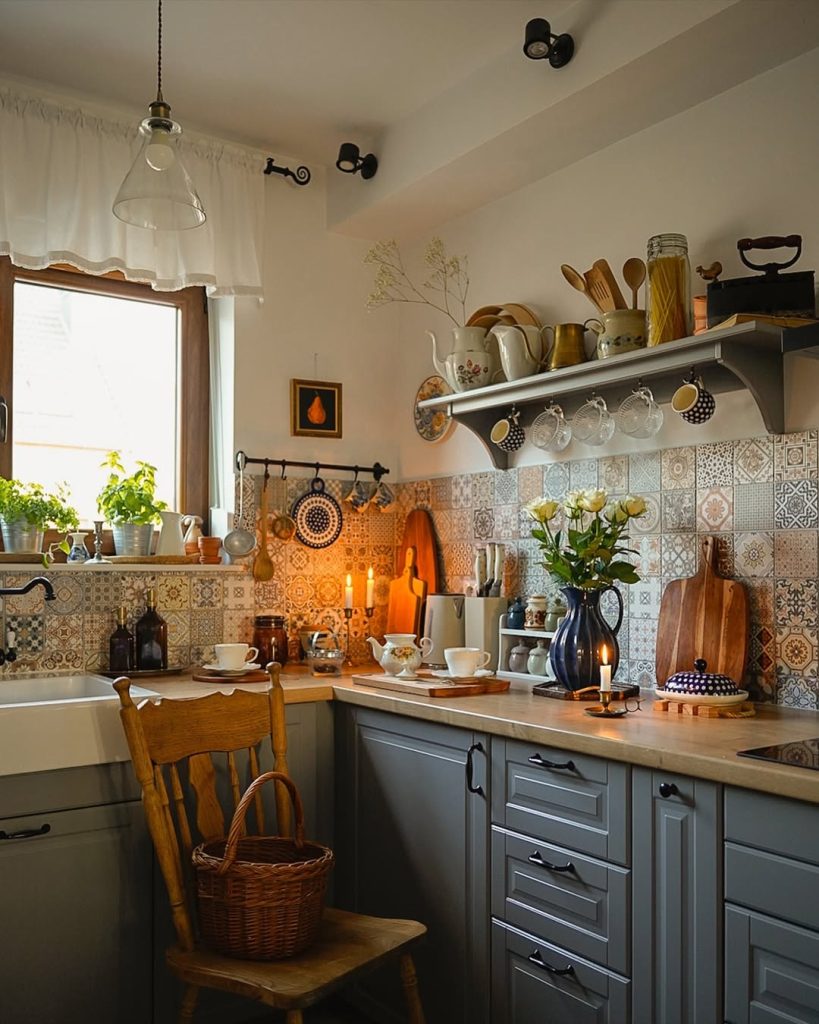 Bright cozy kitchen with glass cabinets, wooden countertops, and soft Scandinavian decor.
