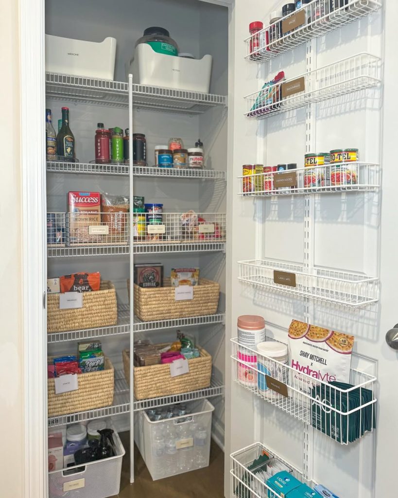 Small pantry organization idea using over-the-door racks and woven baskets.
