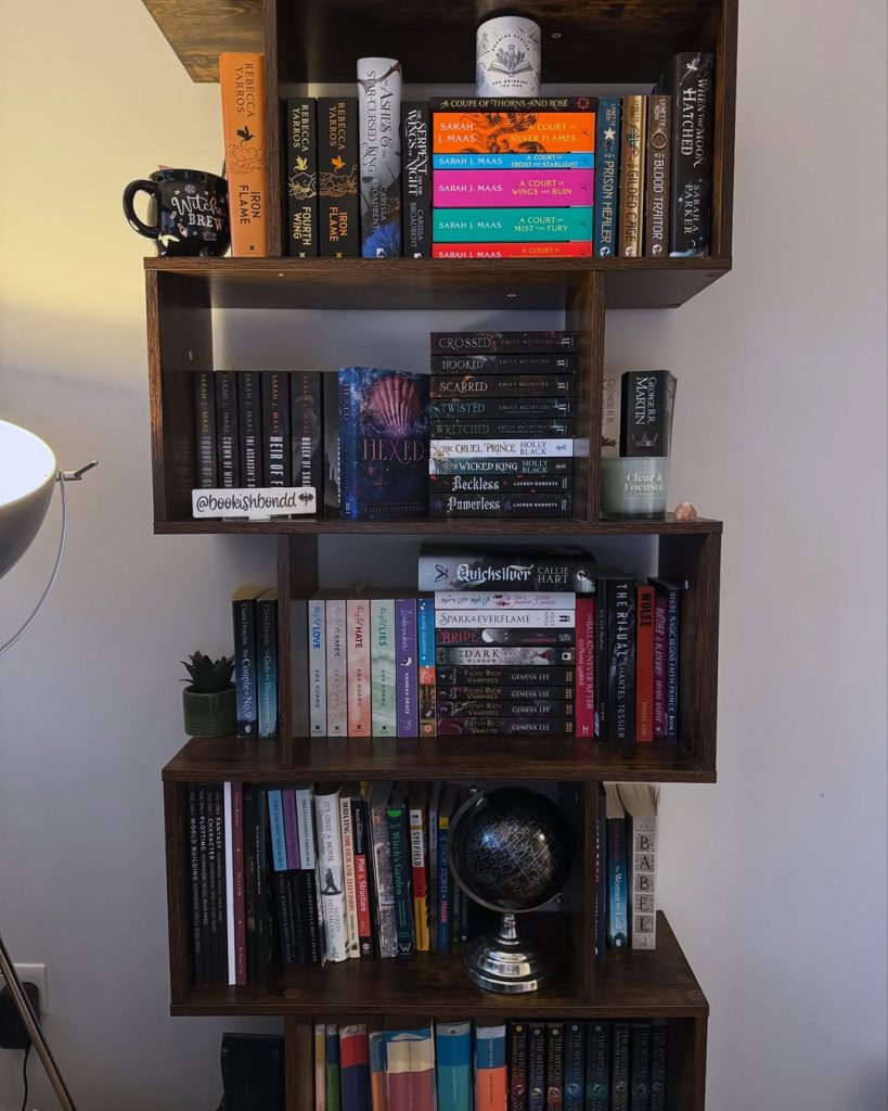 A wooden bookshelf filled with various books alongside a globe, showcasing a blend of literature and geography.