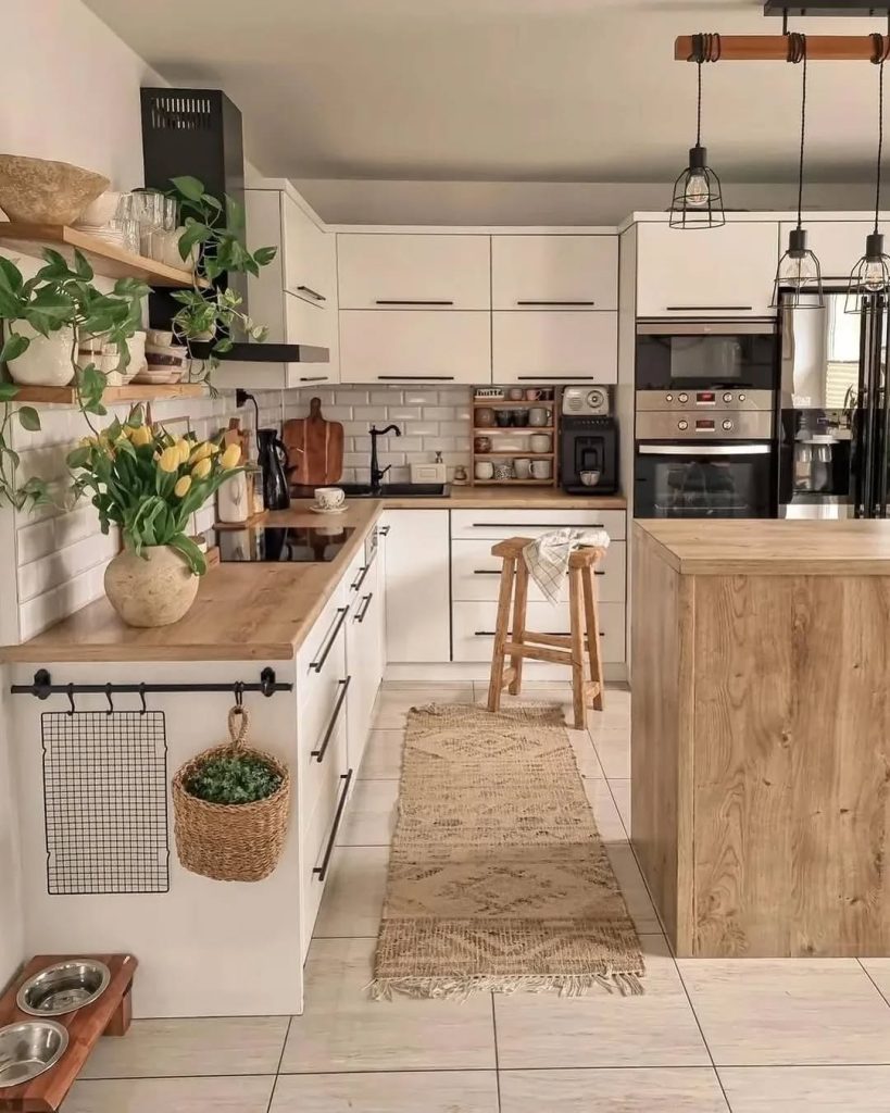 Modern rustic cozy kitchen with open shelving, black accents, and fresh greenery.
