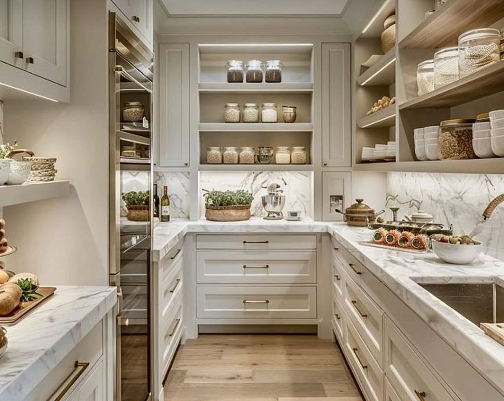 Luxurious walk-in pantry with marble countertops and glass pantry jars.
