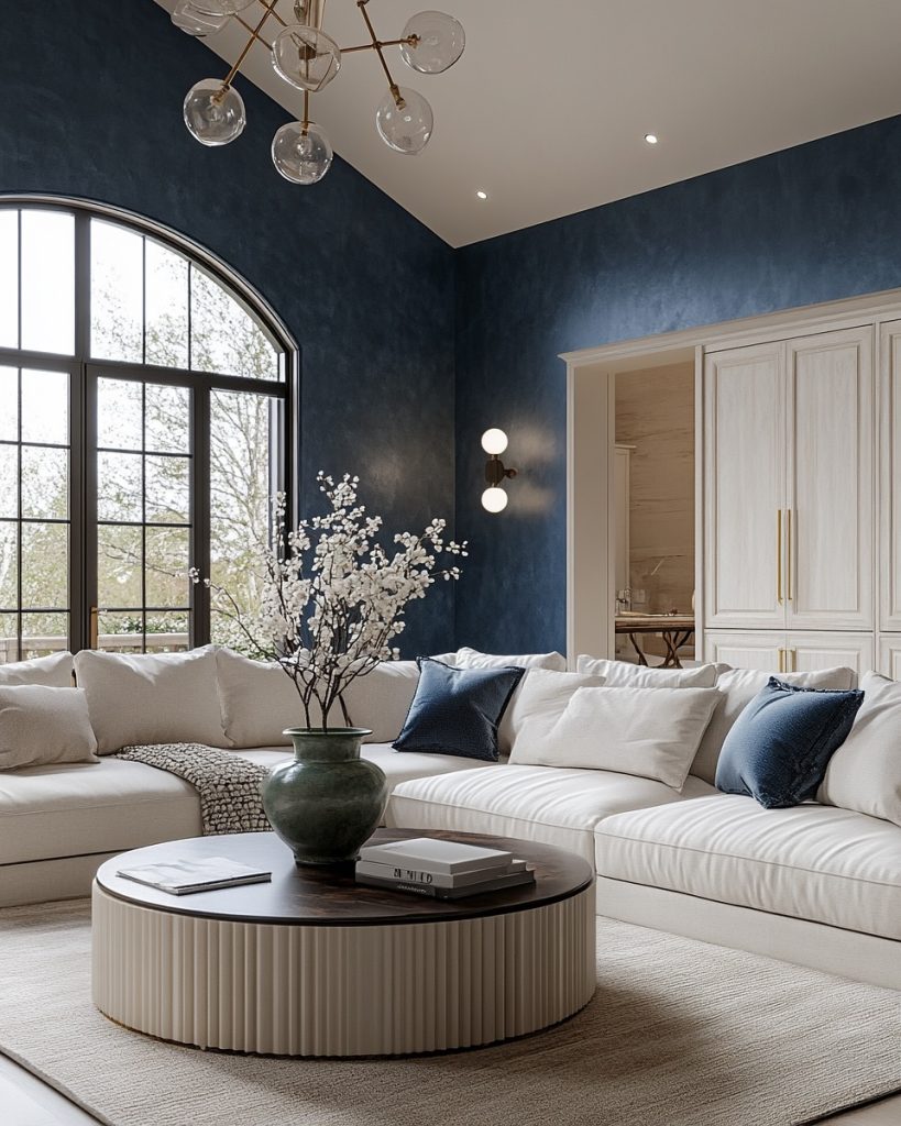 Light blue sofa and minimalist decor create a modern and luxurious living space