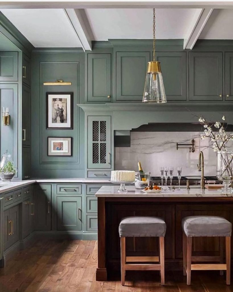 Elegant green kitchen cabinets with brass hardware and kitchen pantry cabinet ideas
