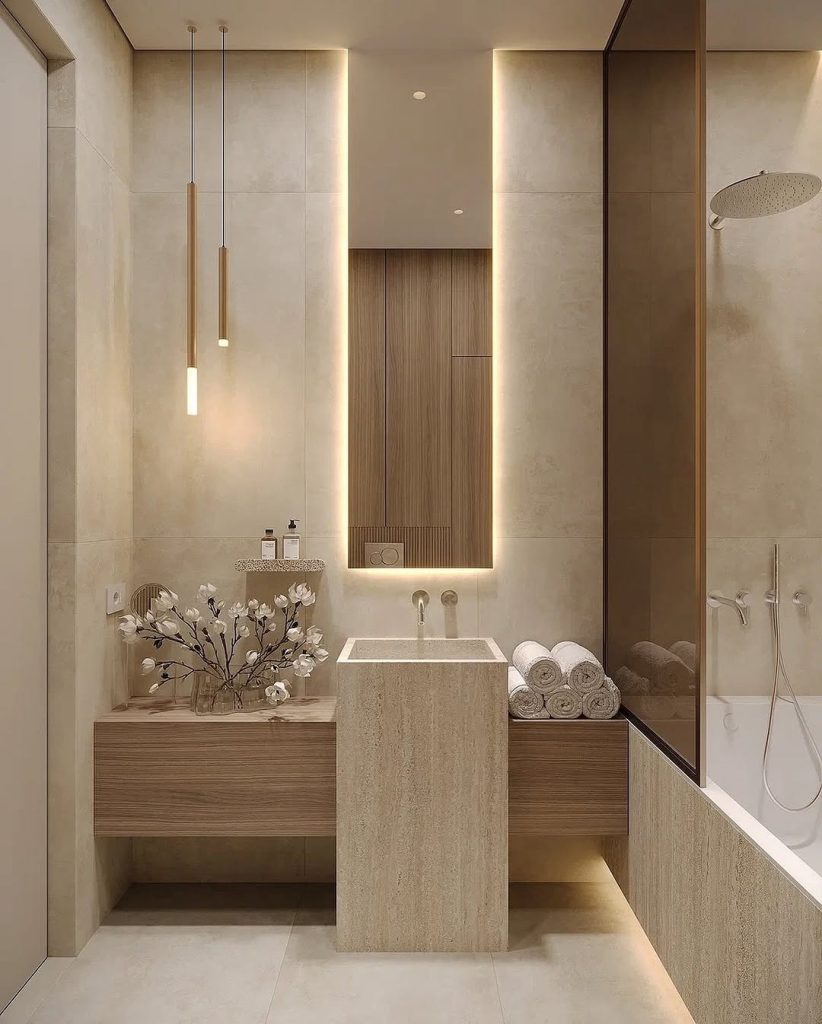 Warm minimalist small bathroom with wooden vanity and soft lighting.
