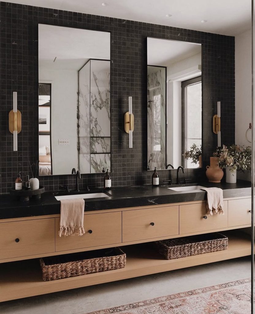 Minimalist white modern double vanity bathroom with wall-mounted faucets.
