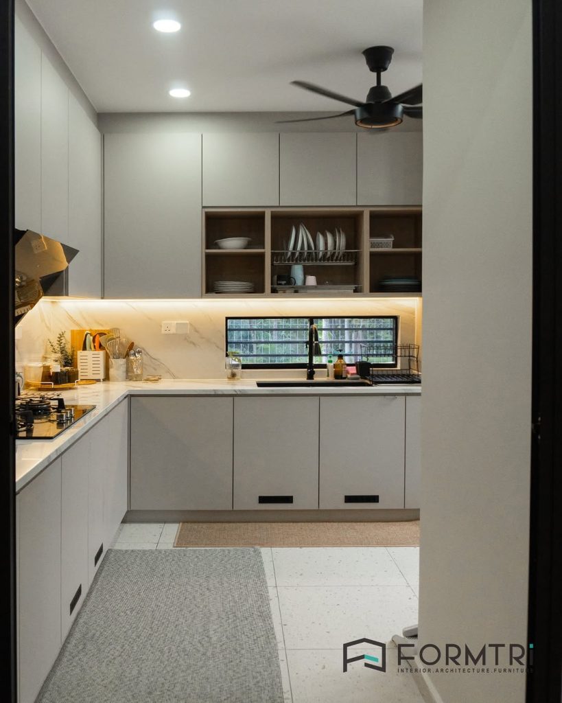 Modern matte gray kitchen cabinet ideas with open shelving and storage space
