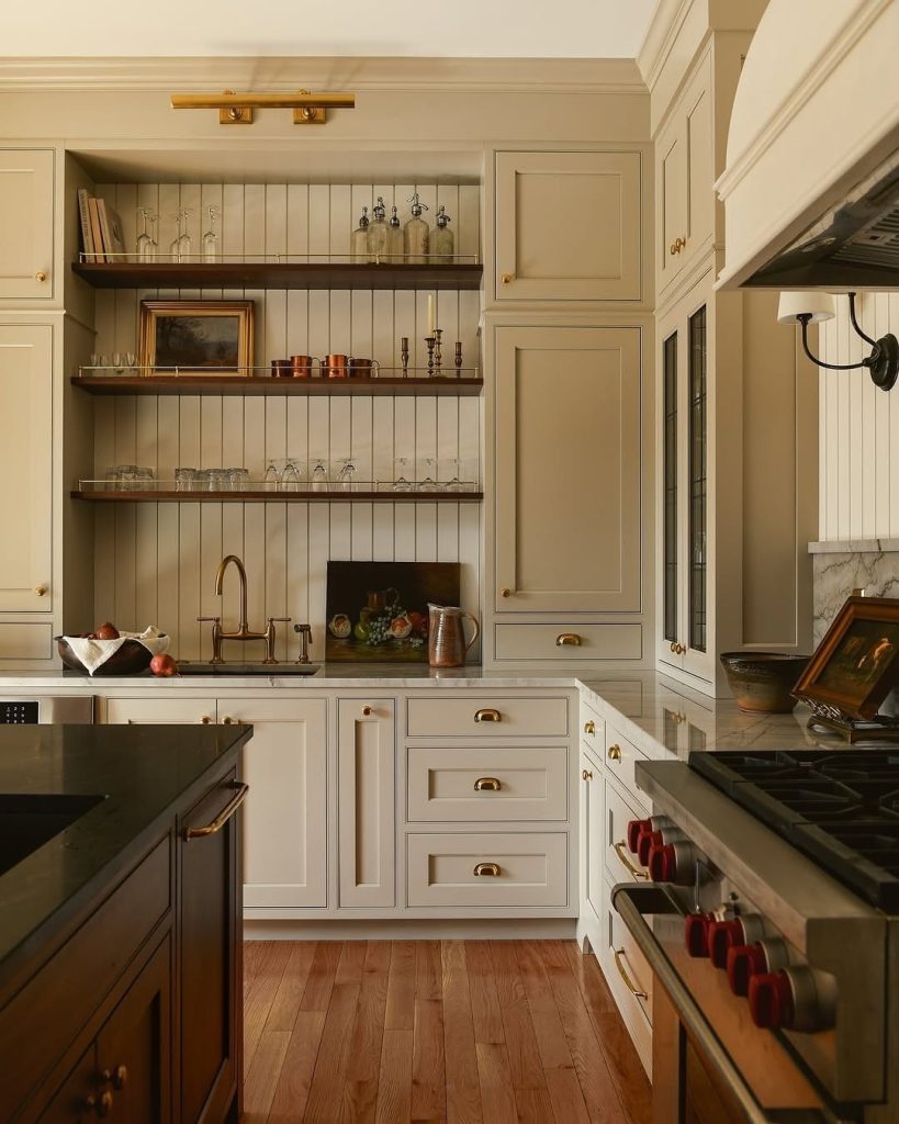 Classic beige kitchen cabinet ideas with open shelving for kitchen storage
