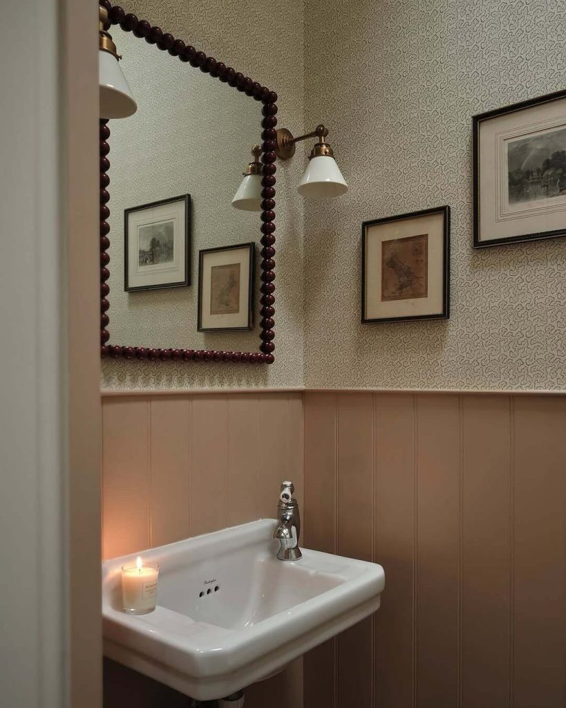 Bold terrazzo and pastel-hued small modern bathroom with statement sink.
