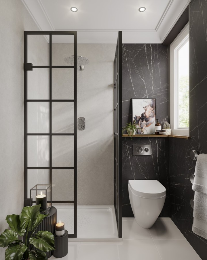 Sleek neutral-toned modern small bathroom with floating vanity.
