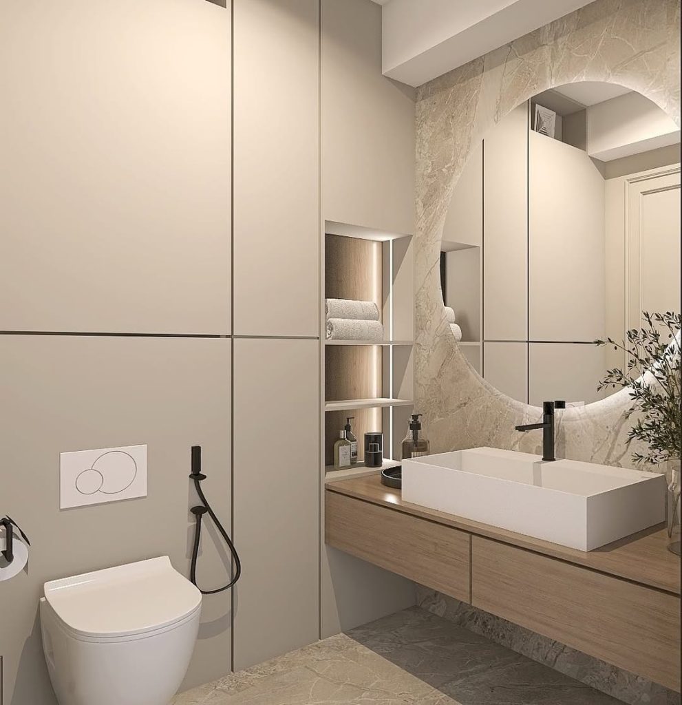 Compact skylit small bathroom with smart storage solutions.
